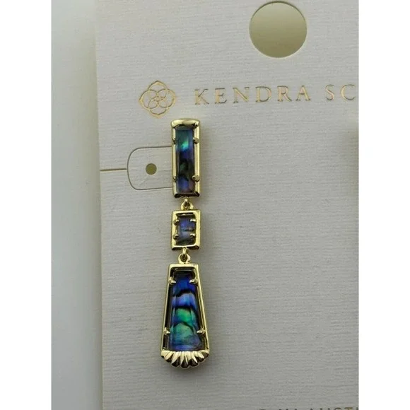 Kendra Scott Serena Linear Dangle Earrings Abalone Shell Gold Tone - Picture 2 of 11